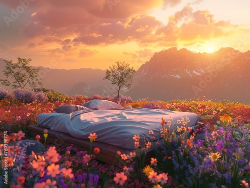 3D Illustrate of A cozy bed nestled in a vibrant flower field atop a serene mountain