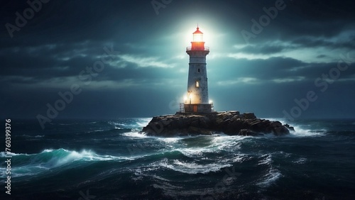 A night filled with storms, a lighthouse guiding through crashing waves under a foreboding sky. Generative AI