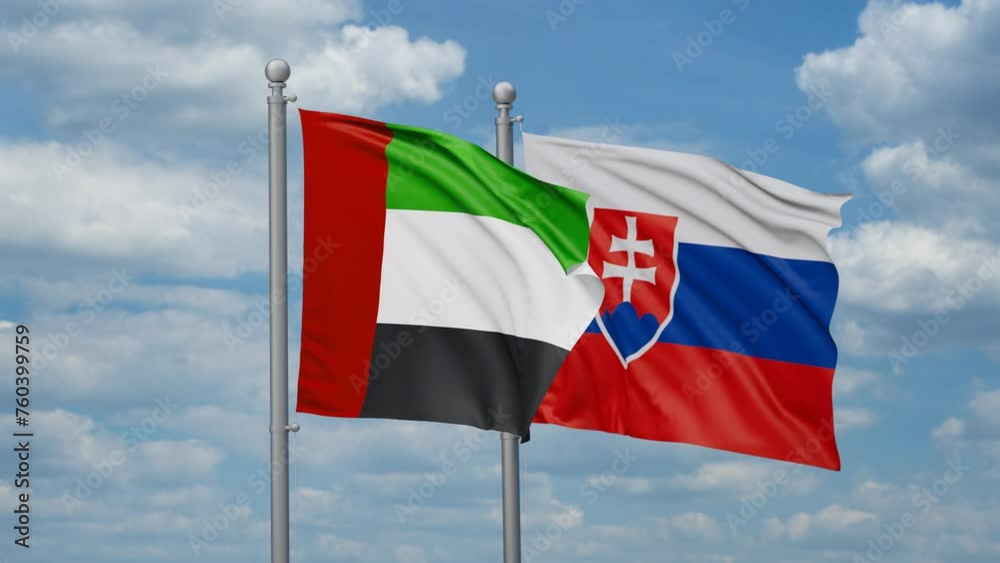 Slovak Republic or Slovakia and United Arab Emirates or UAE two flags waving together, looped video, two country cooperation concept Slovak Republic or Slovakia and United Arab Emirates or UAE two flags waving together, looped video, two country cooperation concept