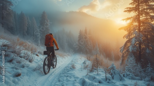 cyclist rides through the winter forest