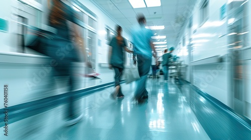 Blurred interior of doctor and patient people in hospital corridor for background.
