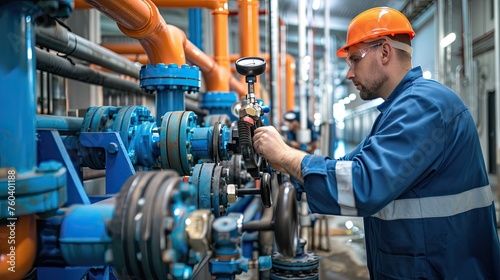 Wallpaper Mural Male worker at water supply station inspects water pump valves equipment in at a large industrial estate. Torontodigital.ca