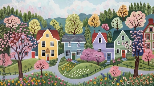 Malowidło przedstawiające kolorową wioskę z żywymi drzewami i bogatym kwiatowym krajobrazem. Szczegóły architektoniczne i bujna roślinność tworzą barwny obraz wiejskiego życia.