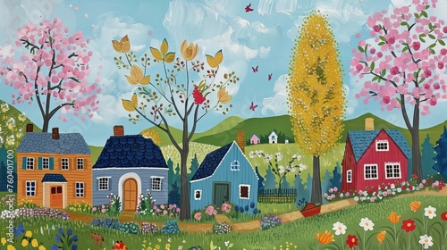 Obraz przedstawia domy i drzewa malowane w polu ożywonym wiosennymi barwami. Ujęcie ukazuje szczegóły architektury i przyrody w harmonijnej kompozycji.