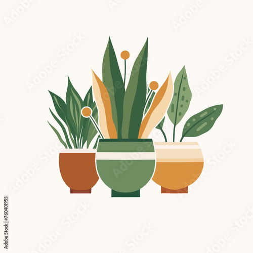 Vector cozy illustration of home plants in clay pots in flat style. Home hobby. Card with flowerpots