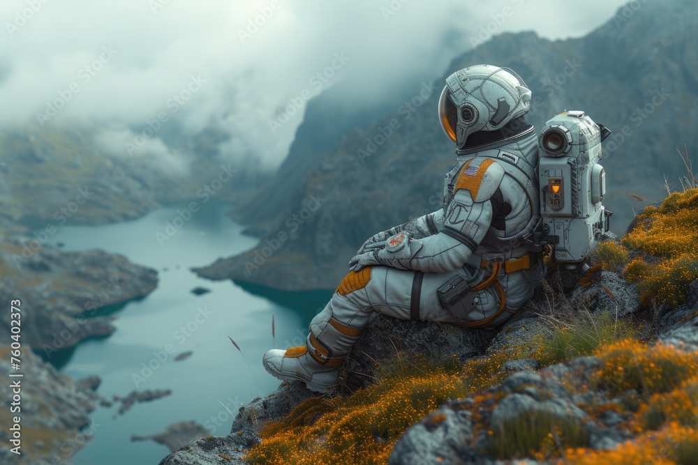 Astronaut sitting on a rocky terrain overlooking a lake with a surreal sky. - obrazy, fototapety, plakaty 