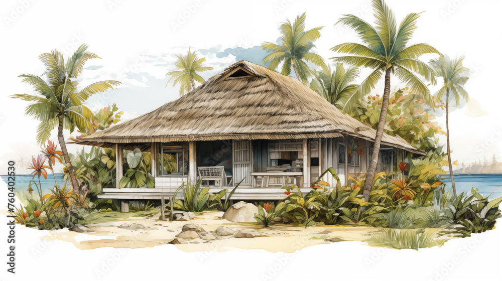 bungalow au milieu de cocotiers au bord fr l'eau
