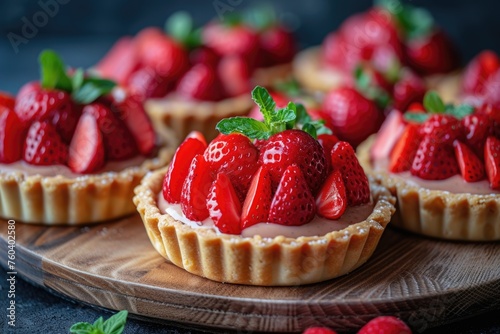 Assortment of strawberry tartlets on wooden board.