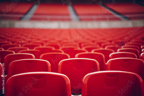 Football stadium with empty seats. Outstanding empty red plastic chair at soccer arena. Row of unoccupied bench at sports stadium. Reserved seating for football game concept. Outdoor audience chairs photo