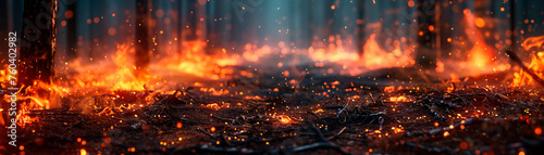 Blaze spreading through dark woods, macro shot, glowing embers