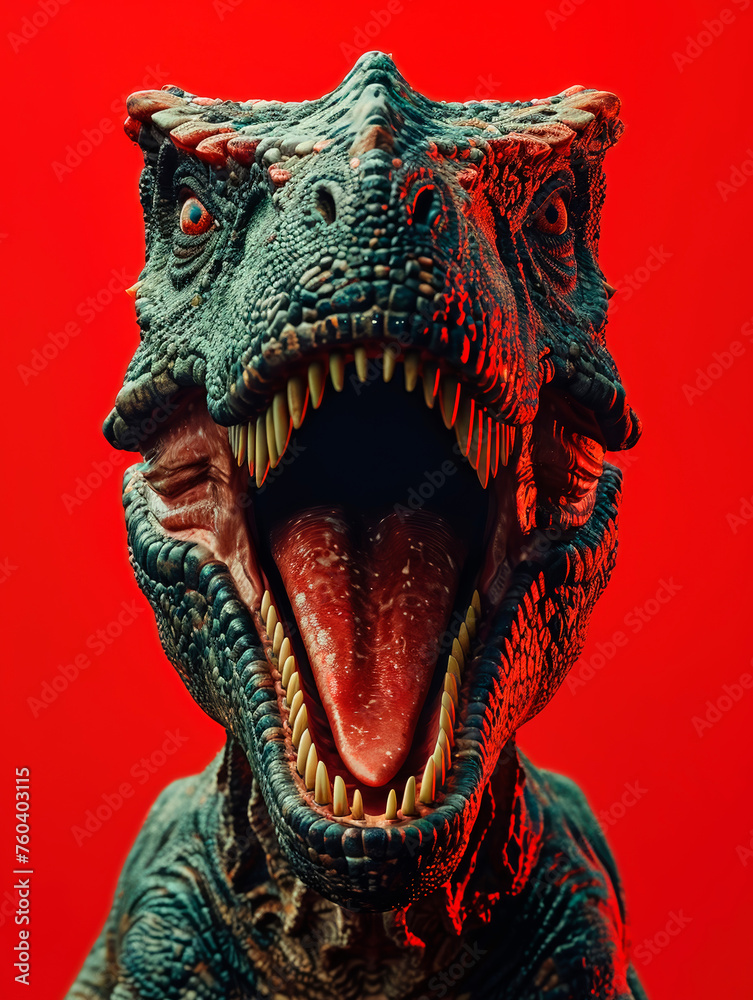 A vibrant depiction of a roaring dinosaur against a red background.