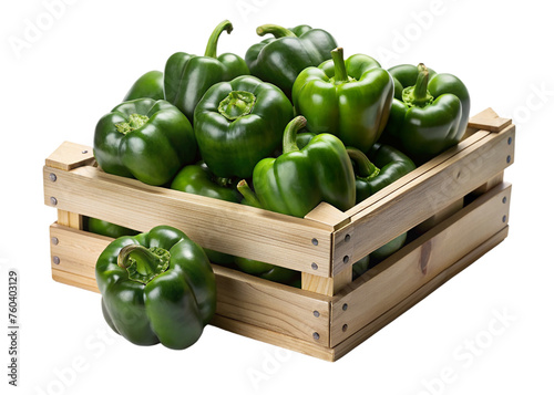 Green bell peppers in wooden crate. isolated on transparent background.