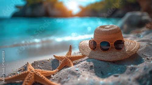straw hat and starfish on the seashore © Olexandr