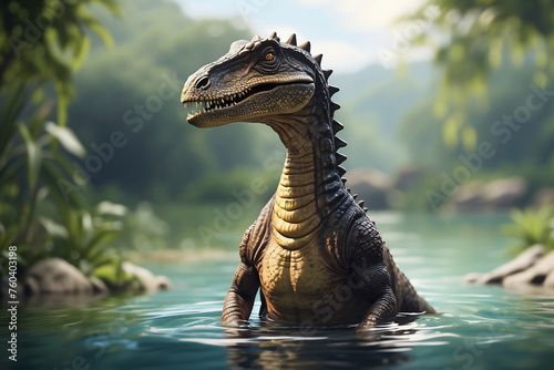 dinosaurs with natural river background