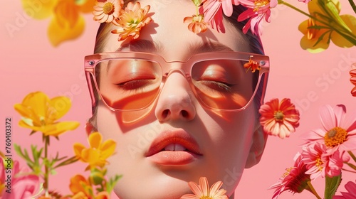 Spełniona kobieta nosi brzoskwiniowe okulary i ma kwiaty na głowie w otoczeniu wiosennych klimatów na różowym delikatnym tle.