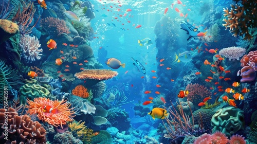 Vibrant underwater coral reef scene with diverse marine life.