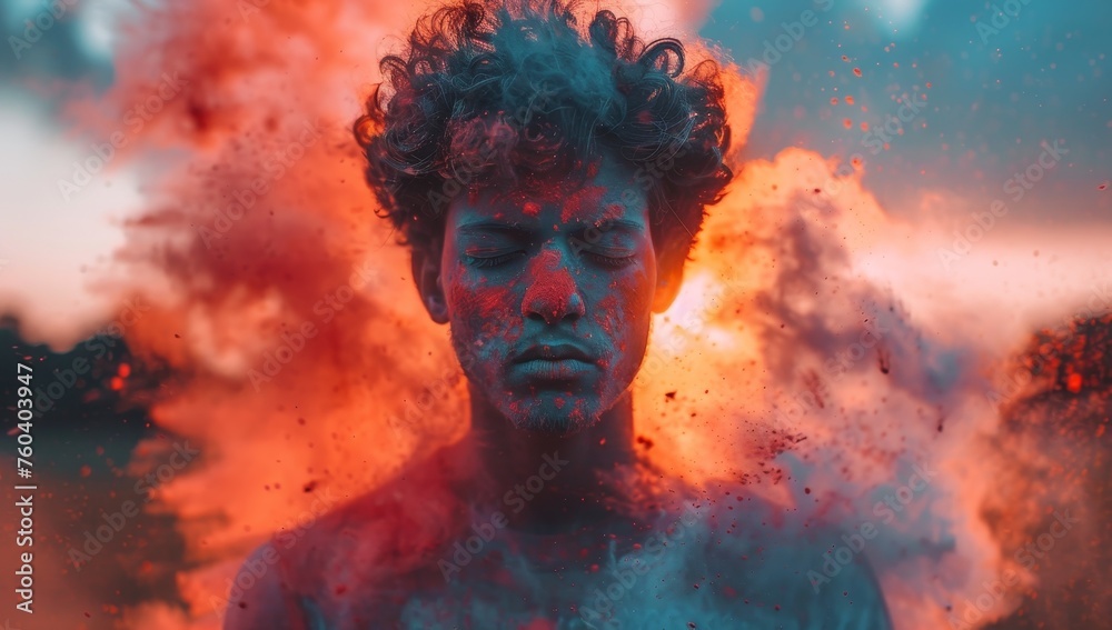 Portrait of a man covered in red and blue smoke from holi festival Portrait of a man covered in red and blue smoke from holi festival