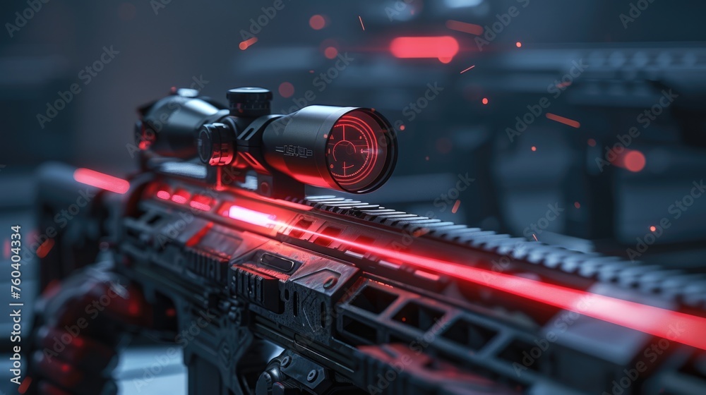 Futuristic laser rifle with red beam aiming in blue haze. Stock Photo ...