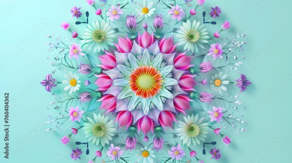 Na niebieskim tle znajduje się kolorowy bukiet świeżych kwiatów tworzący wzór mandali. Składa się z różnych odmian i kształtów. Kwiaty prezentują intensywne kolory i są ułożone w harmonijny sposób. - obrazy, fototapety, plakaty 