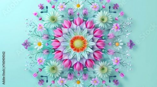 Na niebieskim tle znajduje się kolorowy bukiet świeżych kwiatów tworzący wzór mandali. Składa się z różnych odmian i kształtów. Kwiaty prezentują intensywne kolory i są ułożone w harmonijny sposób.