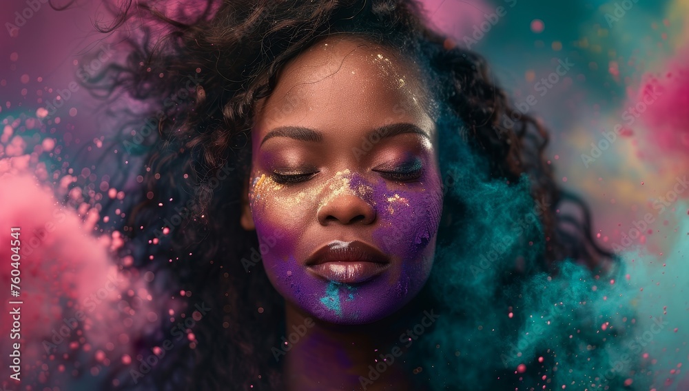 Beautiful african american woman with pink and blue powder on face