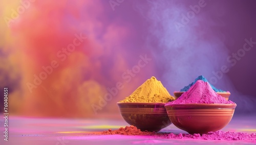 Colorful holi powder in clay bowl on purple background with copy space