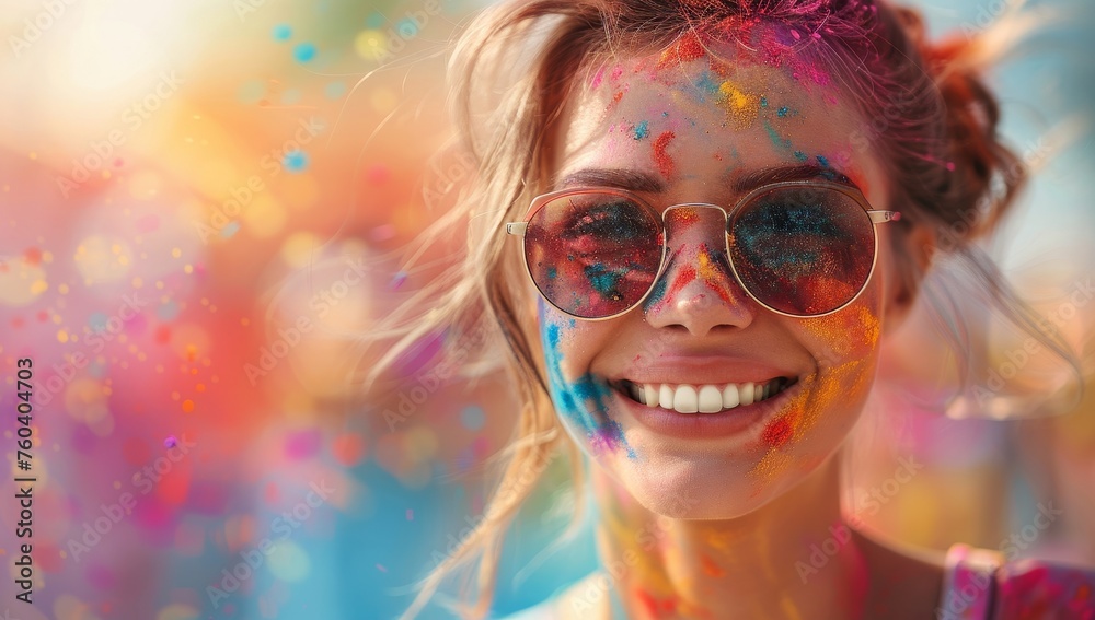 A young woman wearing sunglasses is covered in colorful powder while smiling.