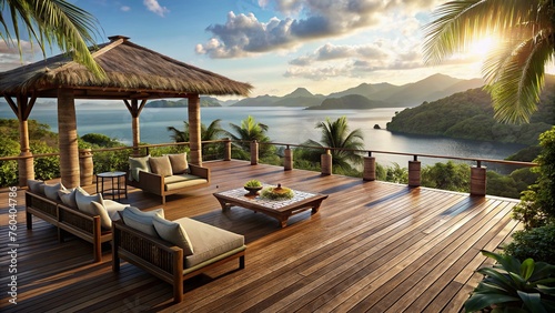 Balinese style deck overlooking the ocean and tropical islands