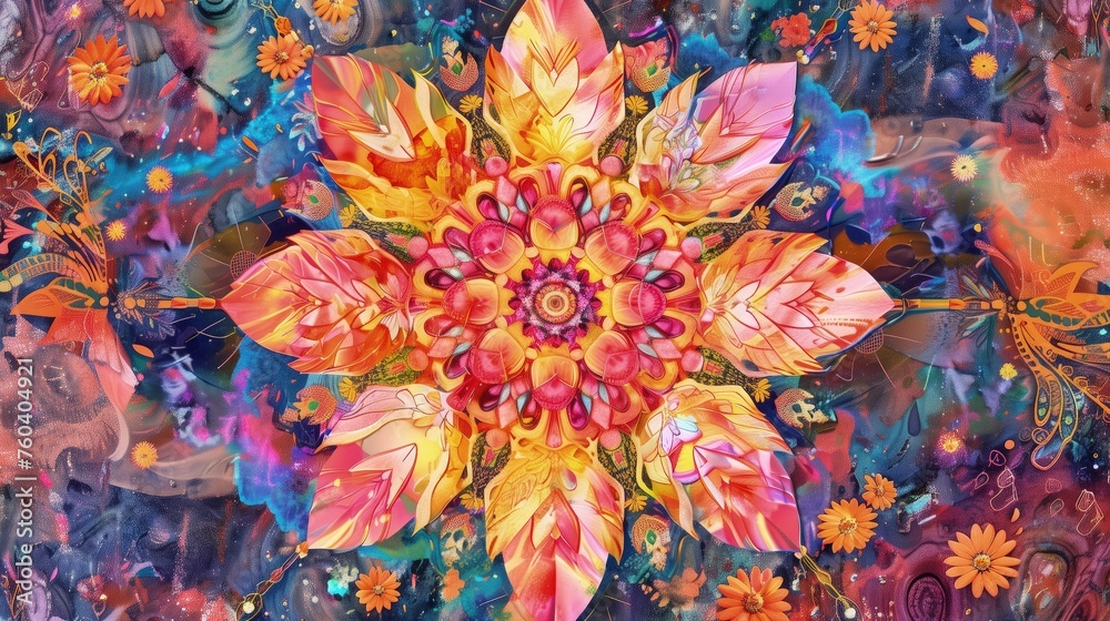 Mandala przedstawia jeden duży kwiat otoczony mniejszymi kwiatami, tworząc wspólnie kolorową kompozycję. Kwiaty są ułożone w sposób harmonijny i przyciągają uwagę swoją różnorodnością. - obrazy, fototapety, plakaty 