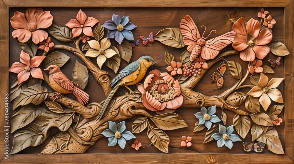 Wystrugany w drewnie  i pomalowany obraz gałęzi z liśćmi i kwiatami na której siedzą różnorodne ptaki. Scena ukazuje przyrodę w pełni wiosny, z ptakiem jako głównym bohaterem obrazu. - obrazy, fototapety, plakaty 