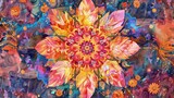 Mandala przedstawia jeden duży kwiat otoczony mniejszymi kwiatami, tworząc wspólnie kolorową kompozycję. Kwiaty są ułożone w sposób harmonijny i przyciągają uwagę swoją różnorodnością.