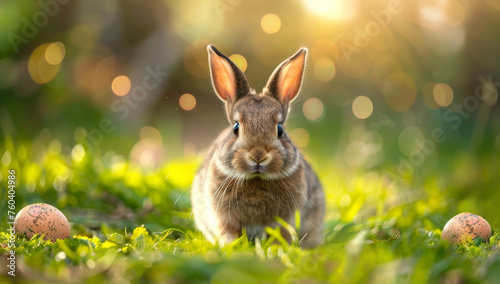 Cute rabbit with easter eggs on green grass in sunlight. © Meow Creations