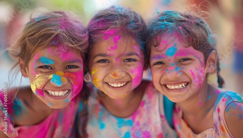 Portrait of a group of happy indian kids with holi paint on face
