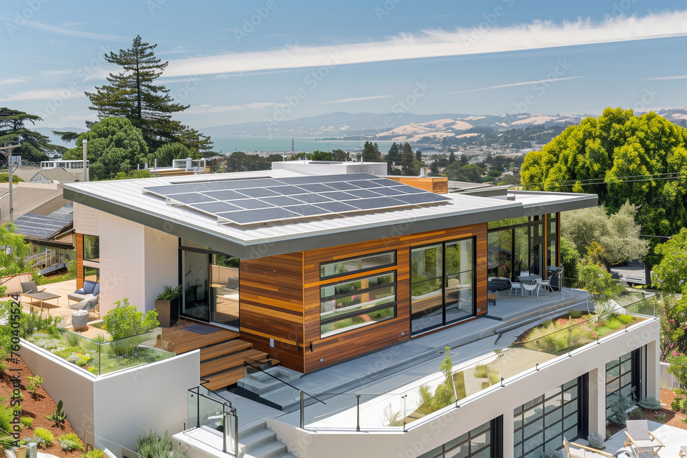 A row of houses with solar panels on the roofs. The houses are all white and have black trim. The solar panels are evenly spaced and cover the entire roof of each house. Scene is one of sustainability A row of houses with solar panels on the roofs. The houses are all white and have black trim. The solar panels are evenly spaced and cover the entire roof of each house. Scene is one of sustainability