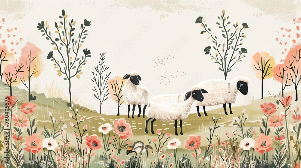 Malowidło przedstawiające trzy owce pasące się w polu pełnym kwiatów podczas wiosny. Obrazy wykonane są w realistycznym stylu. - obrazy, fototapety, plakaty 