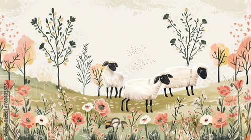 Malowidło przedstawiające trzy owce pasące się w polu pełnym kwiatów podczas wiosny. Obrazy wykonane są w realistycznym stylu.