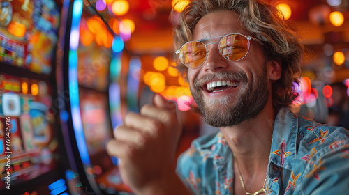 A man rejoices after winning a slot in a casino club. Man wins jackpot at casino photo