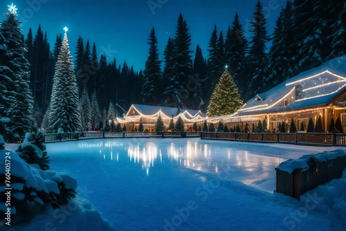 Outdoor ice rink surrounded by evergreen trees adorned with lights