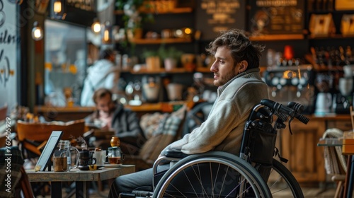 Positive disabled young man in wheelchair sits in the cafe
