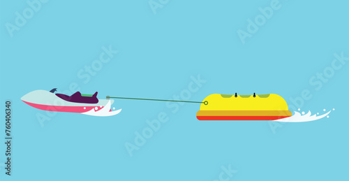 Donut boat icon. Flat vector illustration. Yellow donut boat, water sport. Water tourism.