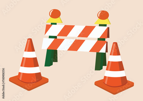 Road closure signs, road dividers and traffic cones. Road repair safety sign.