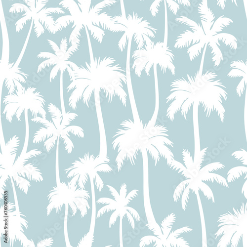 Palm trees seamless pattern. Vector white tropical jungle texture on grey background. Abstract palm silhouettes summer print for textile, exotic wallpapers, wrapping, fabric © Ketmut