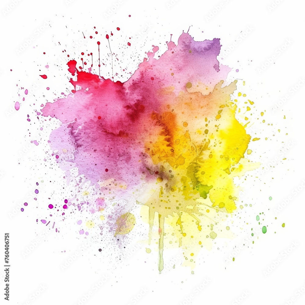Bright watercolor explosion in shades of pink, red, and yellow, creating a vivid abstract composition.