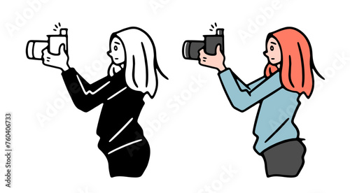 写真を撮る女性カメラマンのイラスト素材