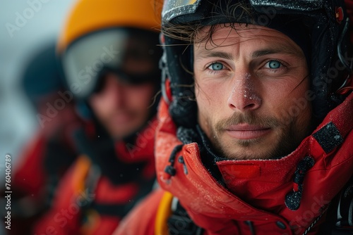 A rugged man, clad in a firefighter's protective gear, stares bravely into the outdoors, his helmet and jacket a symbol of his unwavering dedication to saving lives photo