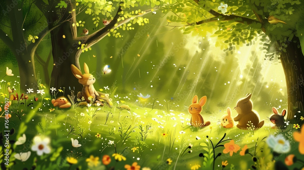 Obraz przedstawia króliki w lesie wiosną. Zające spędzają szczęśliwie czas ze sobą w promieniach słońca. Tło to gęste drzewa i słońce. - obrazy, fototapety, plakaty 