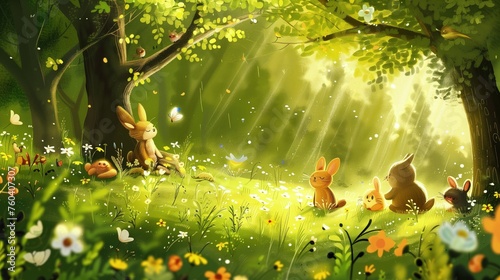 Obraz przedstawia króliki w lesie wiosną. Zające spędzają szczęśliwie czas ze sobą w promieniach słońca. Tło to gęste drzewa i słońce. #760407307