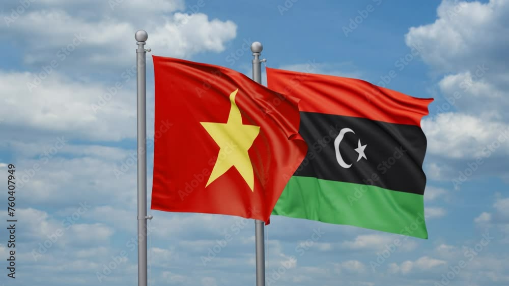 Libya and Vietnam two flags waving together, looped video, two country cooperation concept Libya and Vietnam two flags waving together, looped video, two country cooperation concept