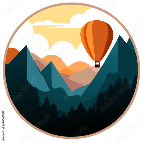 Colorful balloons soar into the blue sky, framed by lush green trees.
