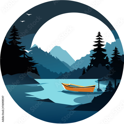 A solitary boat floats serenely amidst a tranquil lake, surrounded by lush greenery.